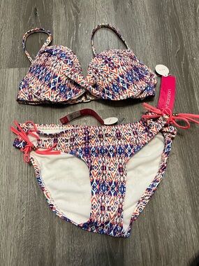 Patterned Push-Up Bikini Set in Blue, Coral & White